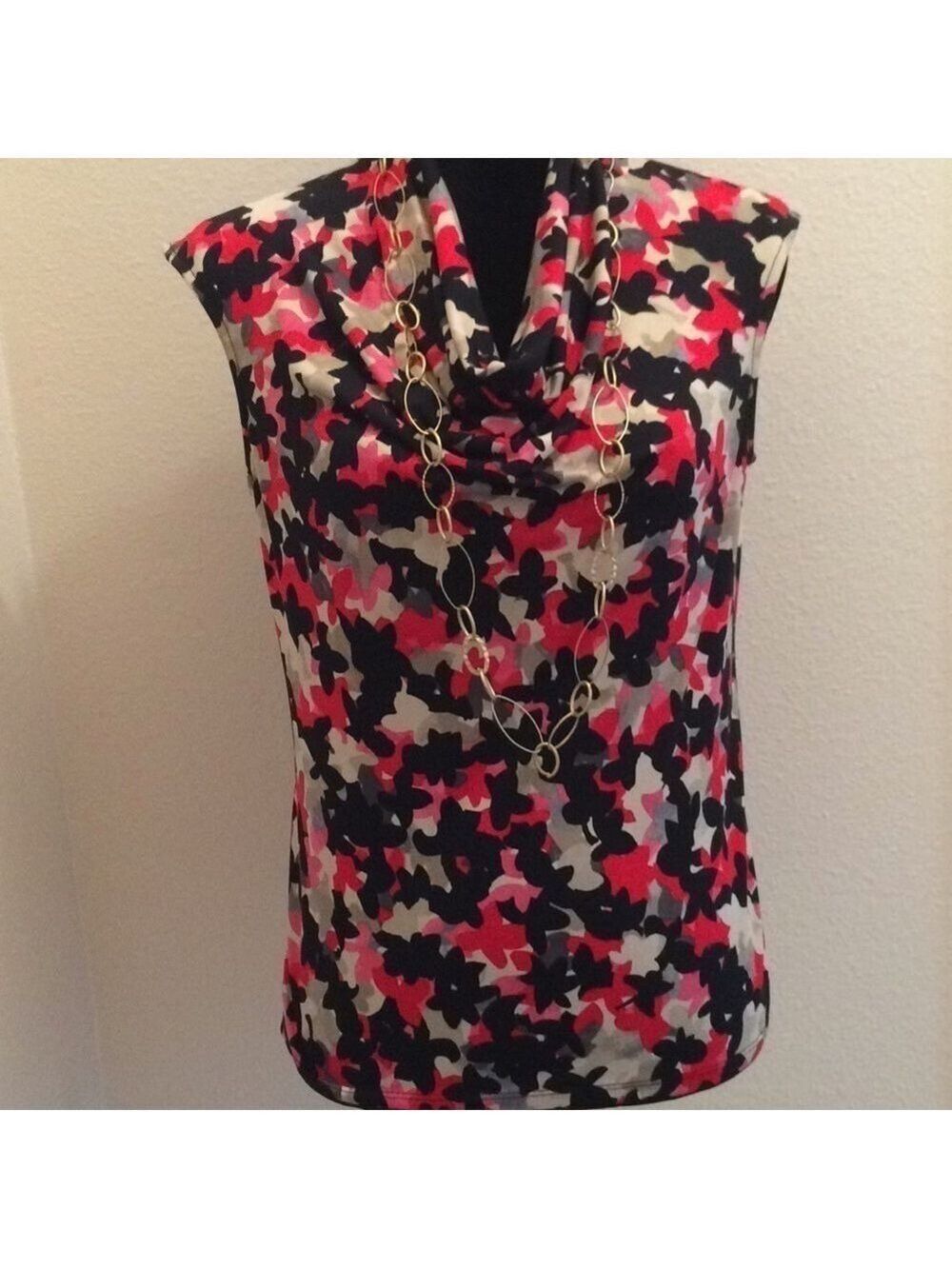 KASPER Neutrals Abstract Bold Print Sleeveless Drape Neck Top